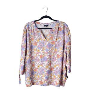 Jones & Co Floral V-Neck 3/4 Sleeve Tie Wrist Colorful Top